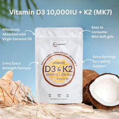 Close-up of D3 and K2 softgels infused with virgin coconut oil