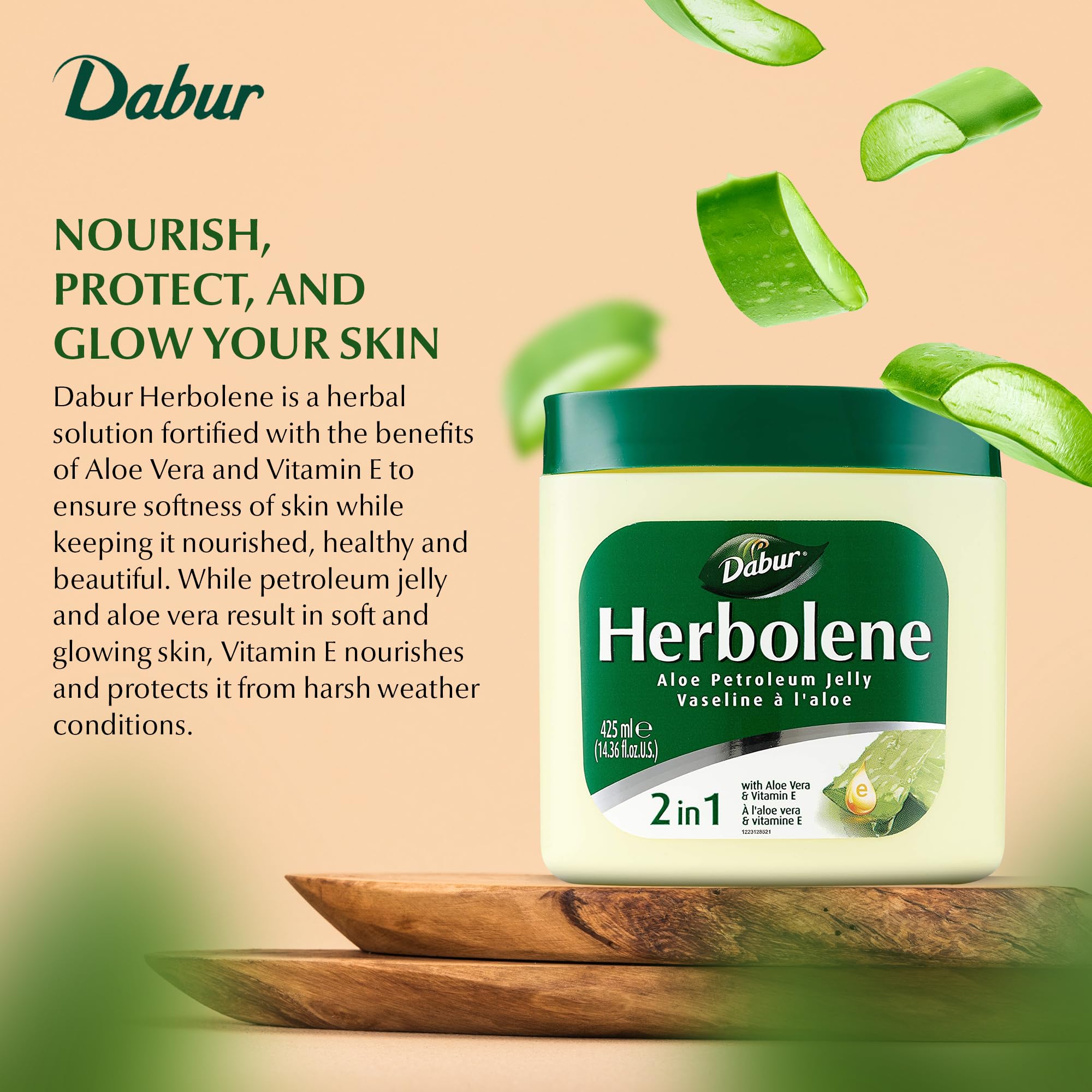 Close-up of Dabur Herbolene aloe vera gel and petroleum jelly jar