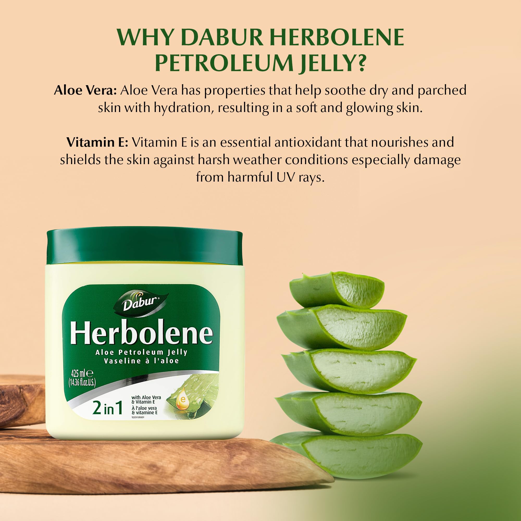Ingredients highlight: aloe vera and Vitamin E on Dabur Herbolene packaging