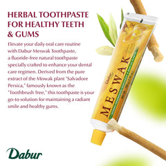 Close-up of Dabur Meswak toothpaste tube