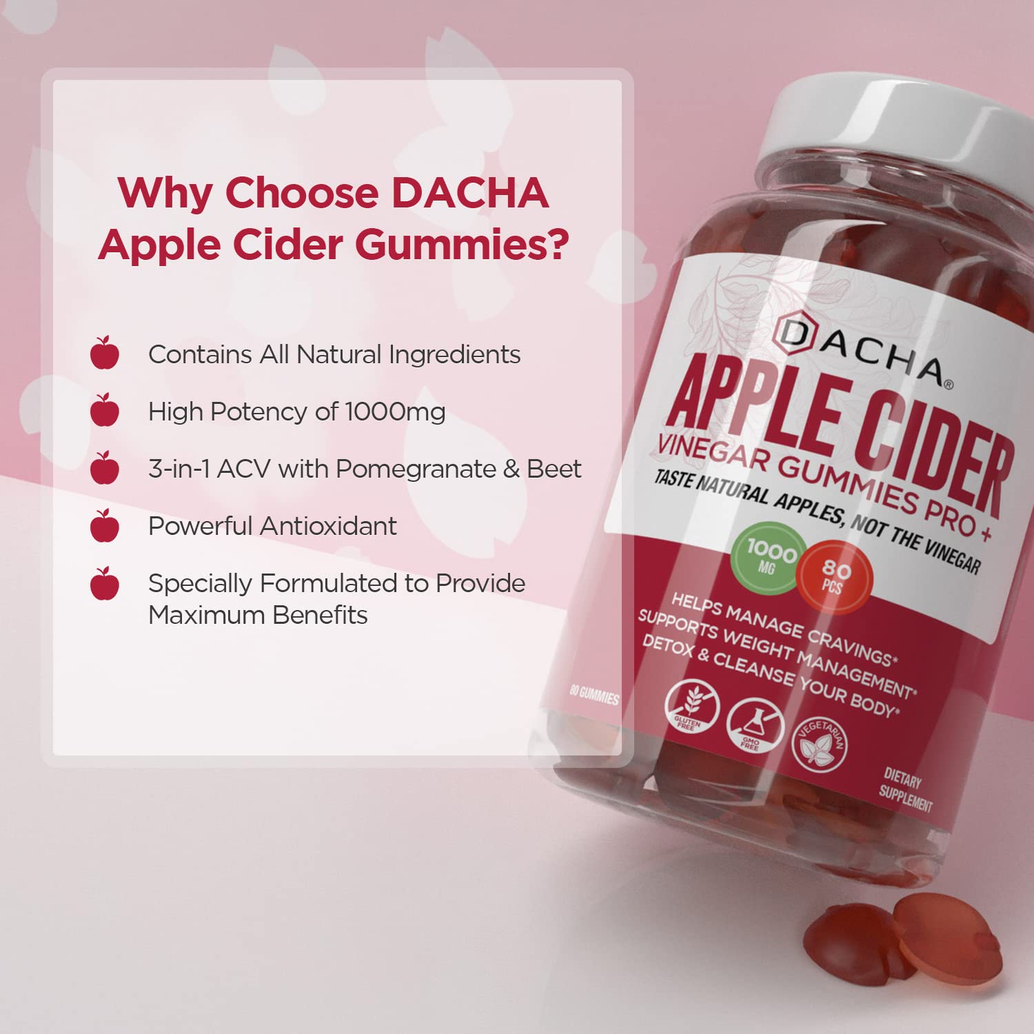 Closeup of DACHA ACV Gummies—1000mg ACV per serving for metabolism support in a tasty form.