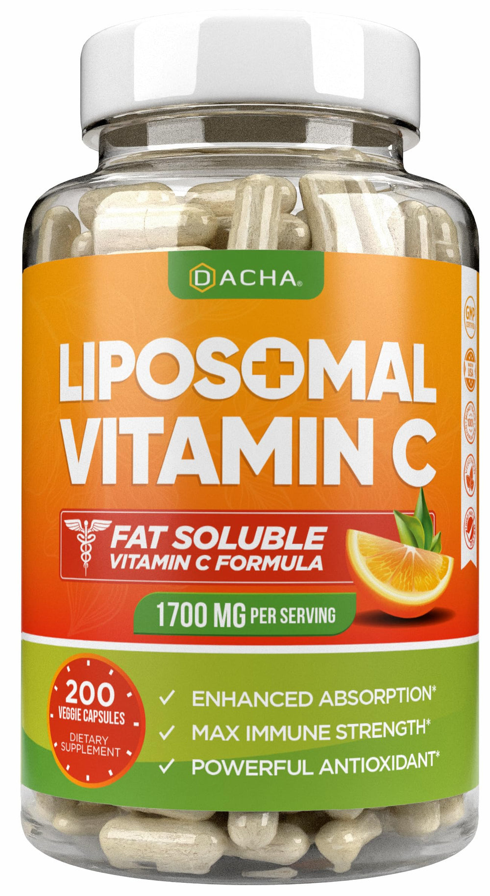 DACHA liposomal vitamin C bottle closeup showing high potency capsules for immune support