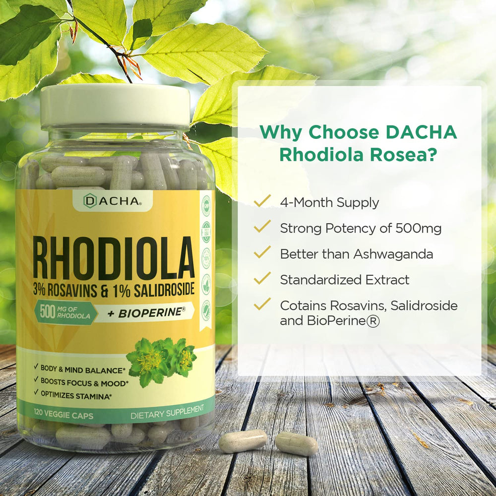 DACHA Rhodiola mood and focus support capsules on a desk