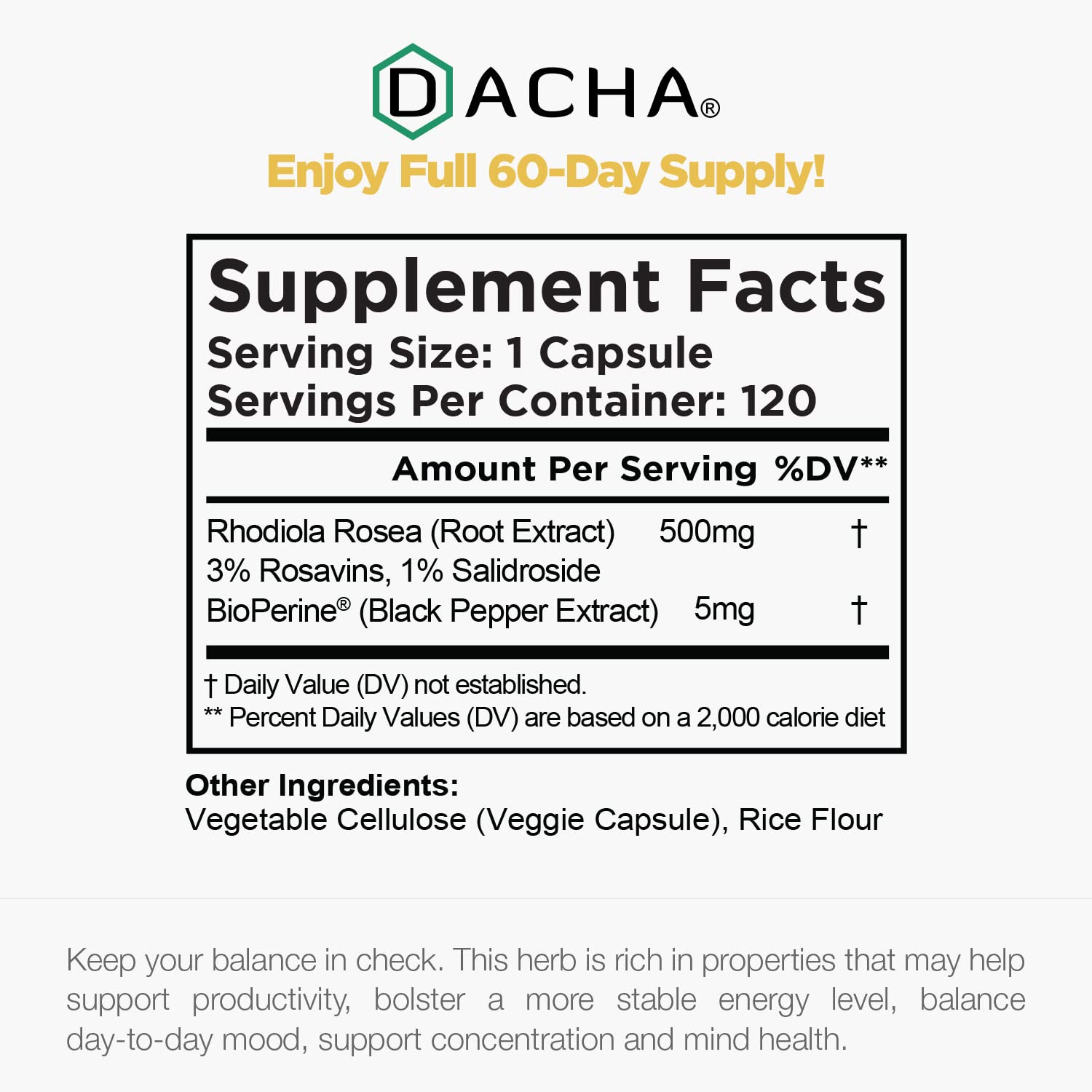 DACHA Rhodiola stress support capsules on a calm workspace