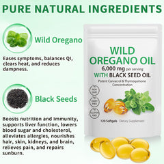 Close up of oregano oil capsules showing 2 in 1 formula with black seed oil
