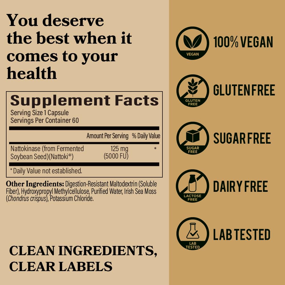 Icons showing vegan, non-GMO, gluten-free and dairy-free on DAIKEN Nattokinase