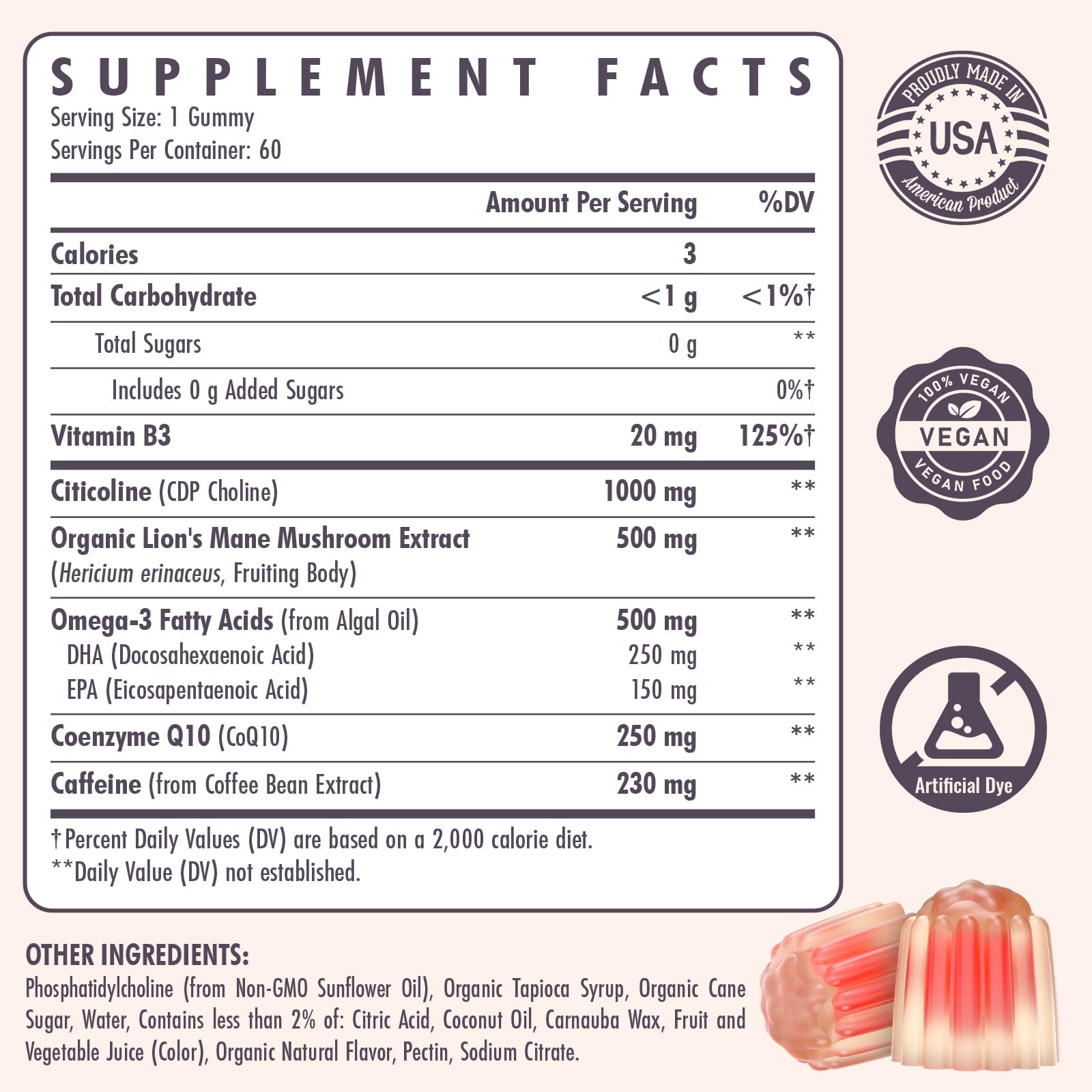 Close-up of daily brain energy and focus gummies
