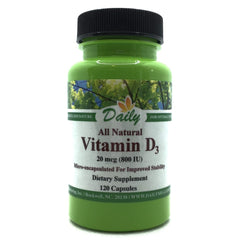 Bottle of Daily Vitamin D3-800 800 IU (20 mcg) capsules
