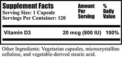 Close-up of Vitamin D3-800 label showing Non-GMO, Gluten Free, Kosher