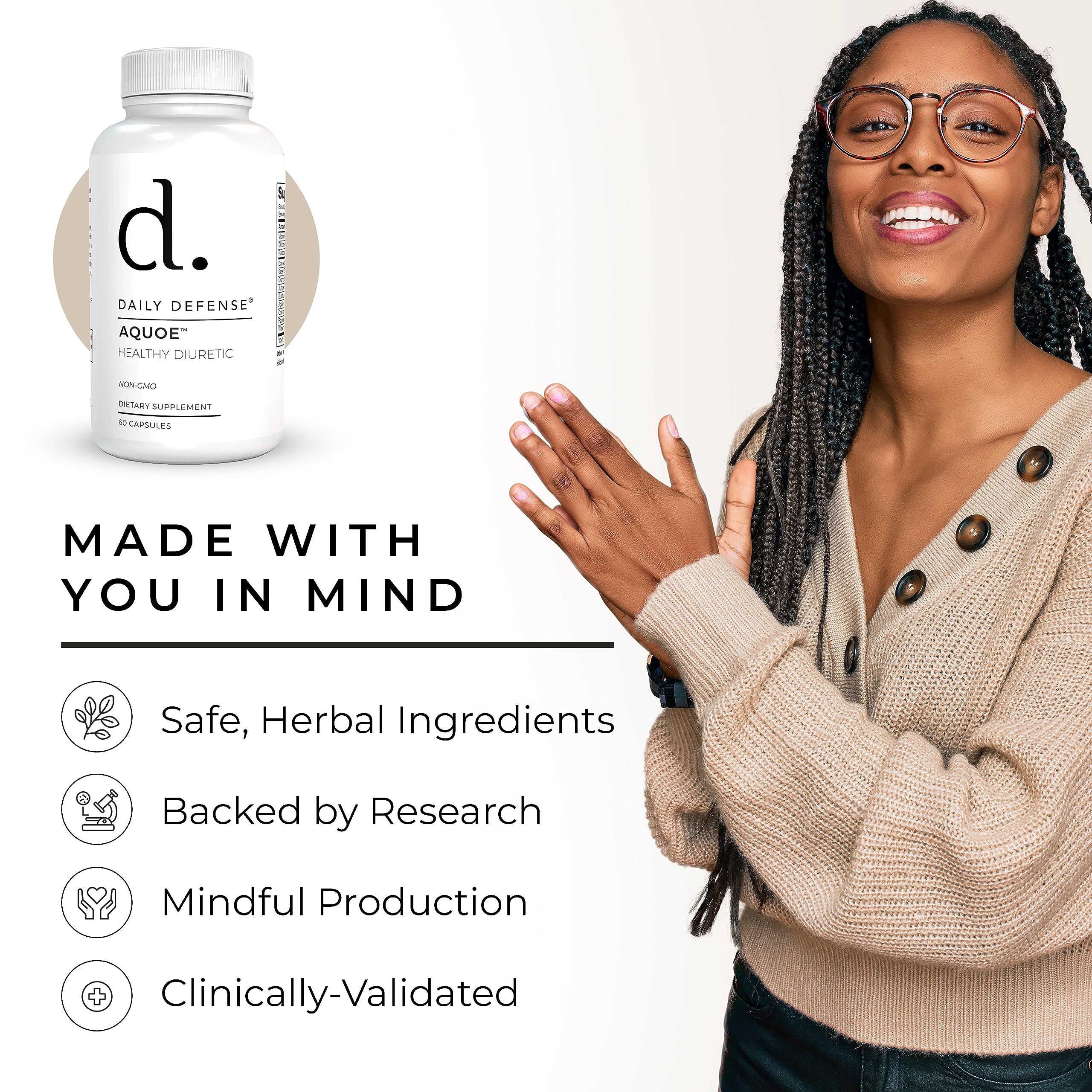 Daily Defense AQUOE label closeup with servings and ingredients