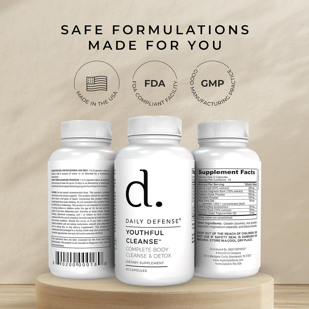 Daily Defense bottle with pills for bowel movement support