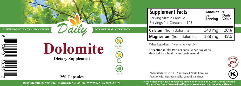 Back label showing supplement facts for Daily Dolomite