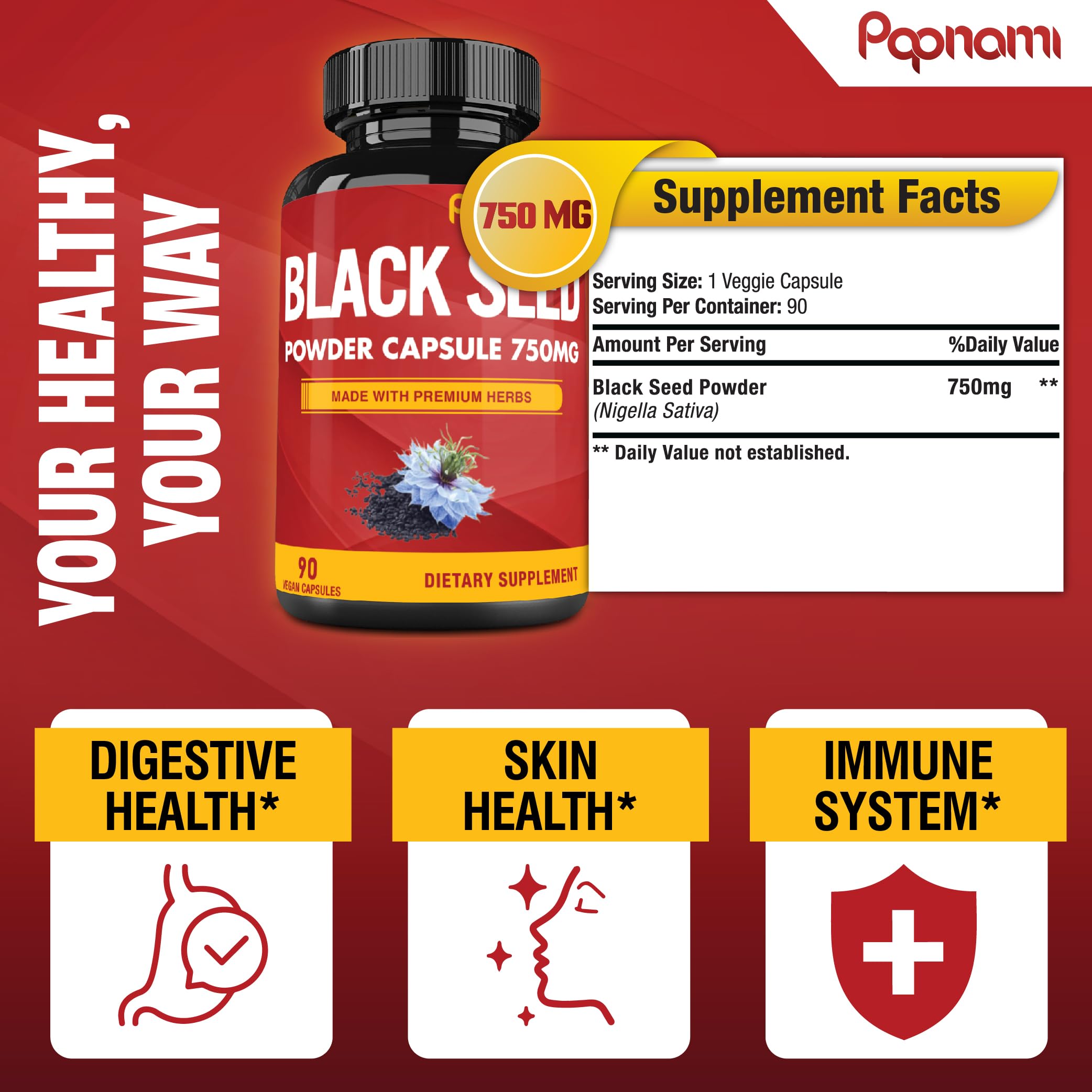Daily dose of 750mg black seed powder capsules