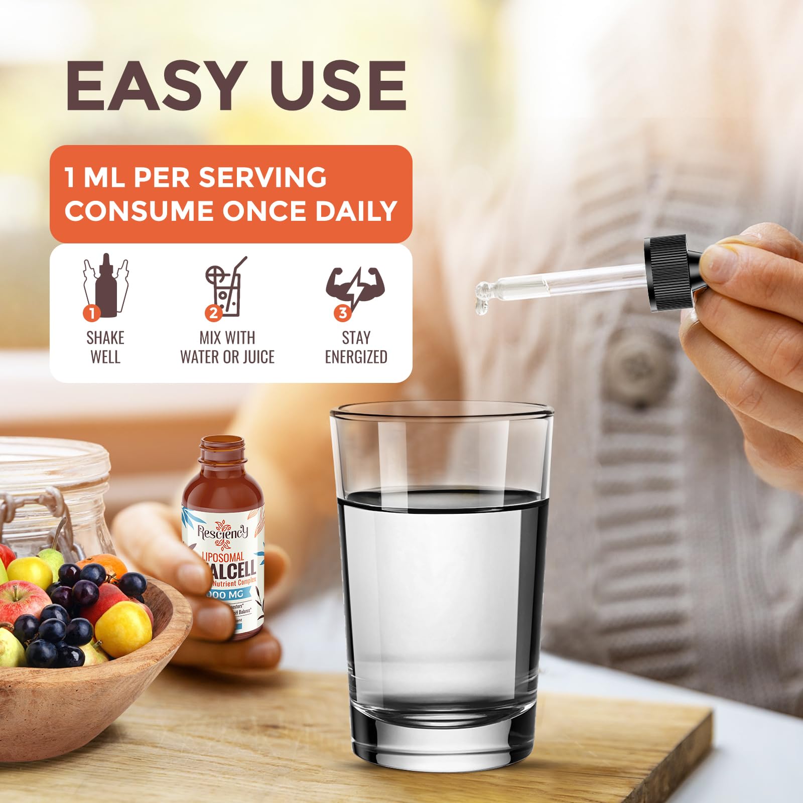 Dropper showing a convenient 1 ml daily dose