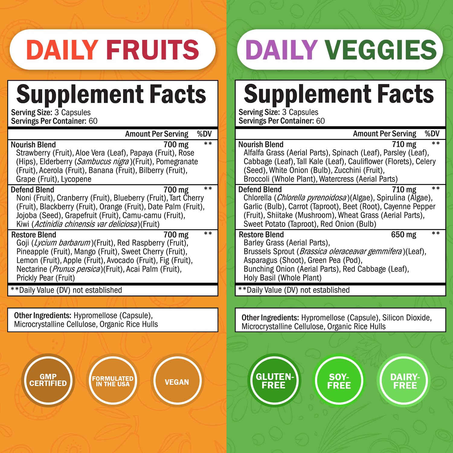 2-pack packaging and product shot of daily fruits and veggies
