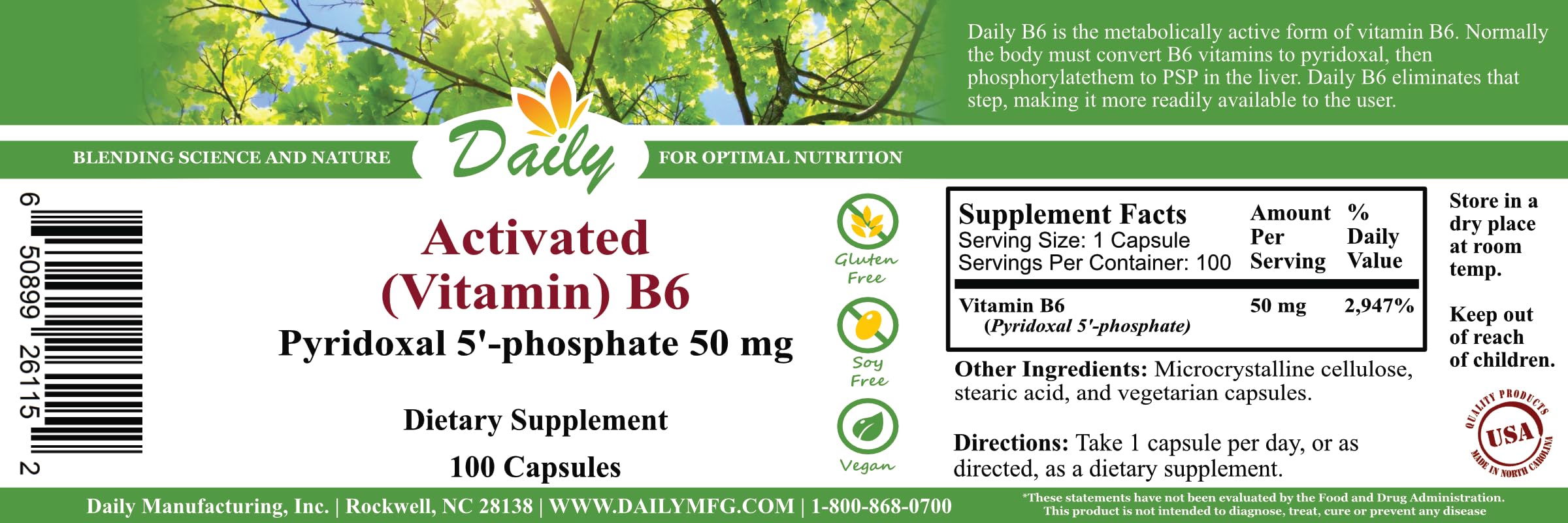 Back view of Daily Manufacturing Activated B6 bottle showing supplement facts