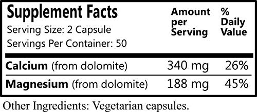 Dolomite capsules close-up with calcium 340 mg and magnesium 188 mg per 2 capsules