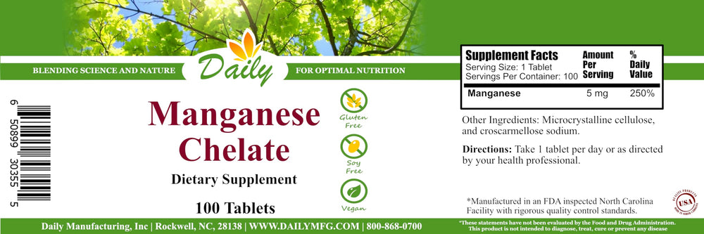 Product label for Daily Manufacturing Manganese Chelate 5 mg