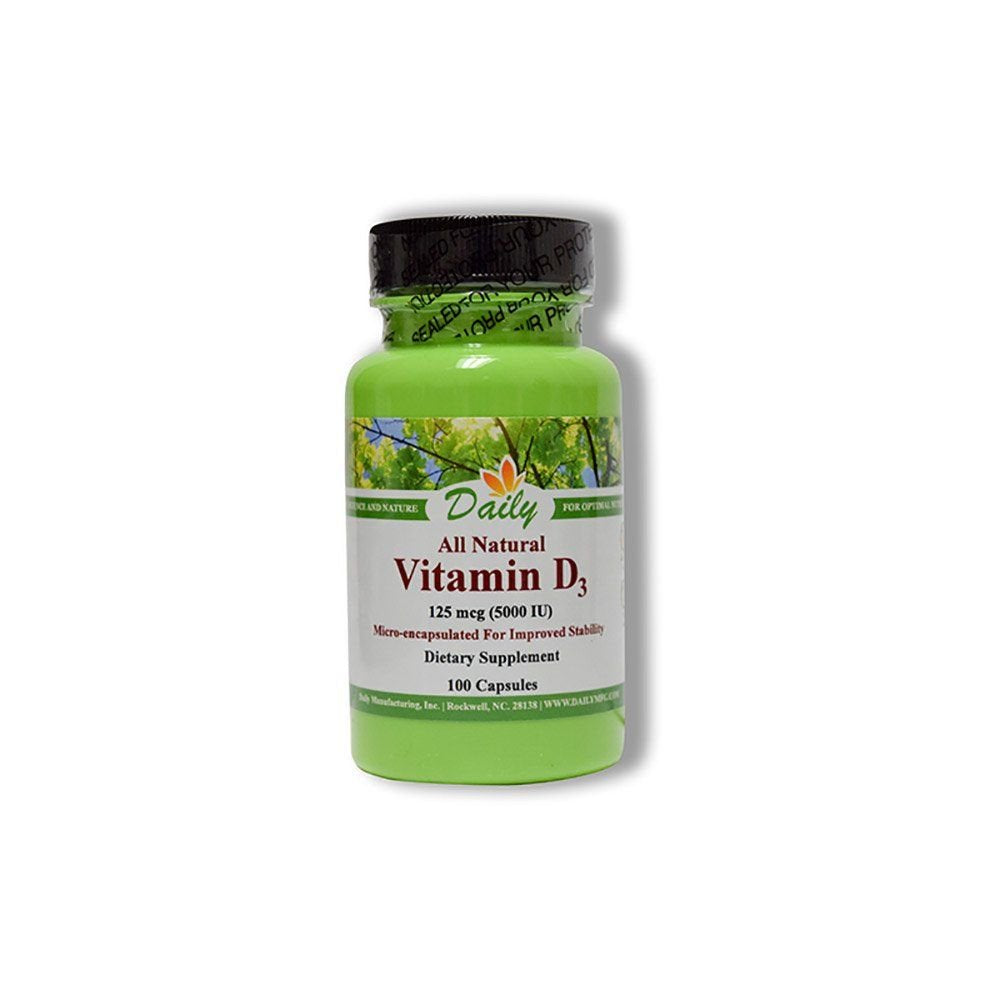 Bottle of Daily Manufacturing Vitamin D3 5000 IU (125 mcg) - 100 vegetarian capsules, kosher, gluten-free, soy-free