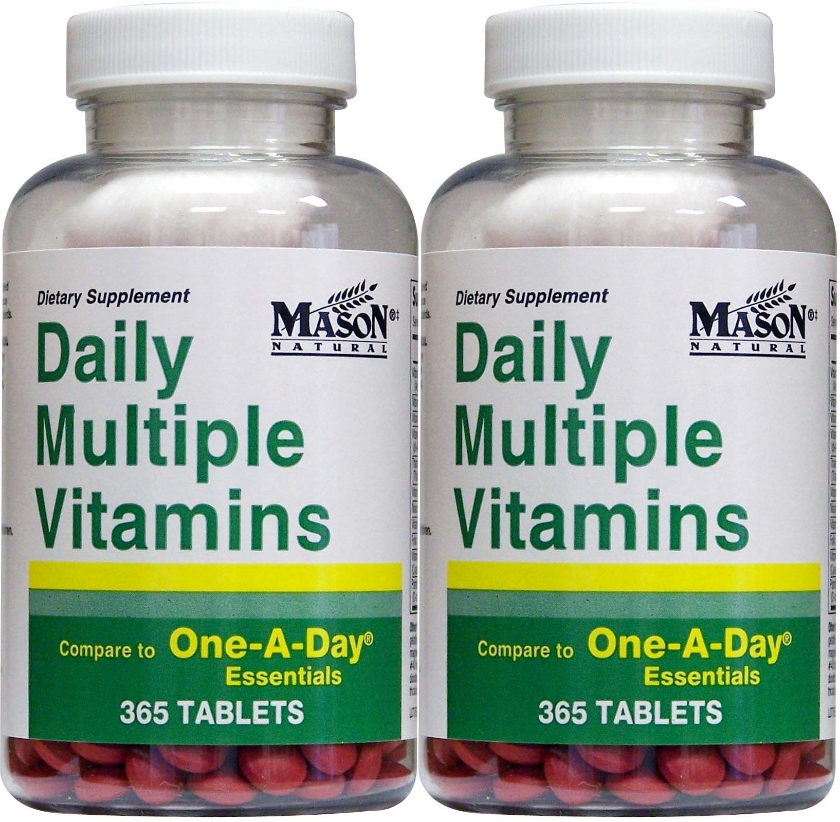 Two bottles of daily multivitamin and multimineral supplement showing a total of 730 tablets (365 per bottle).