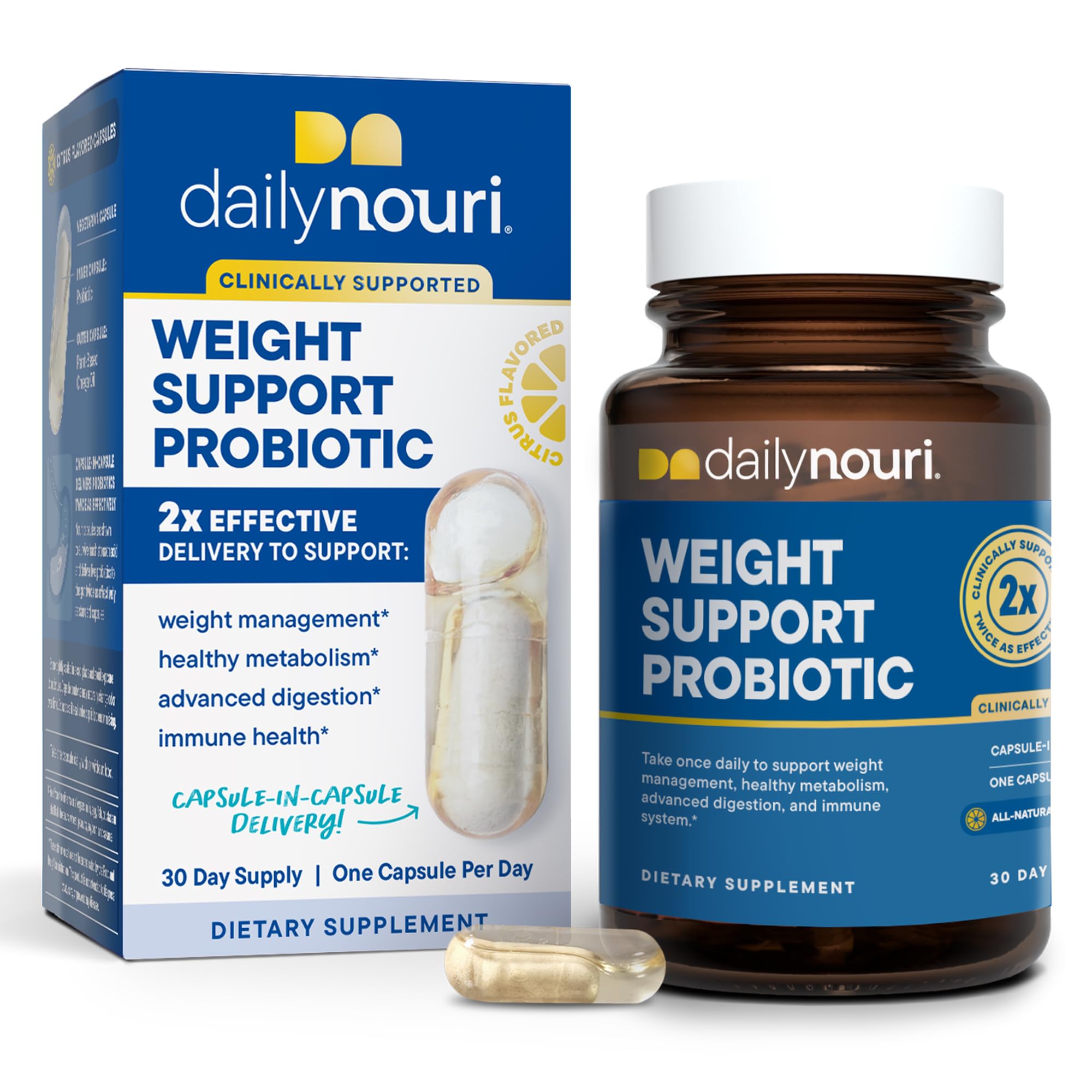 Bottle of Daily Nouri Weight Support Probiotic for Women and Men