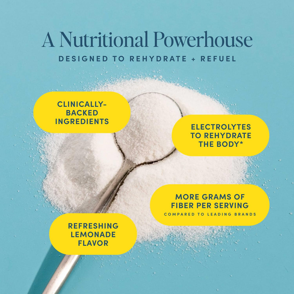 Glass of lemonade-flavored prebiotic fiber powder dissolving