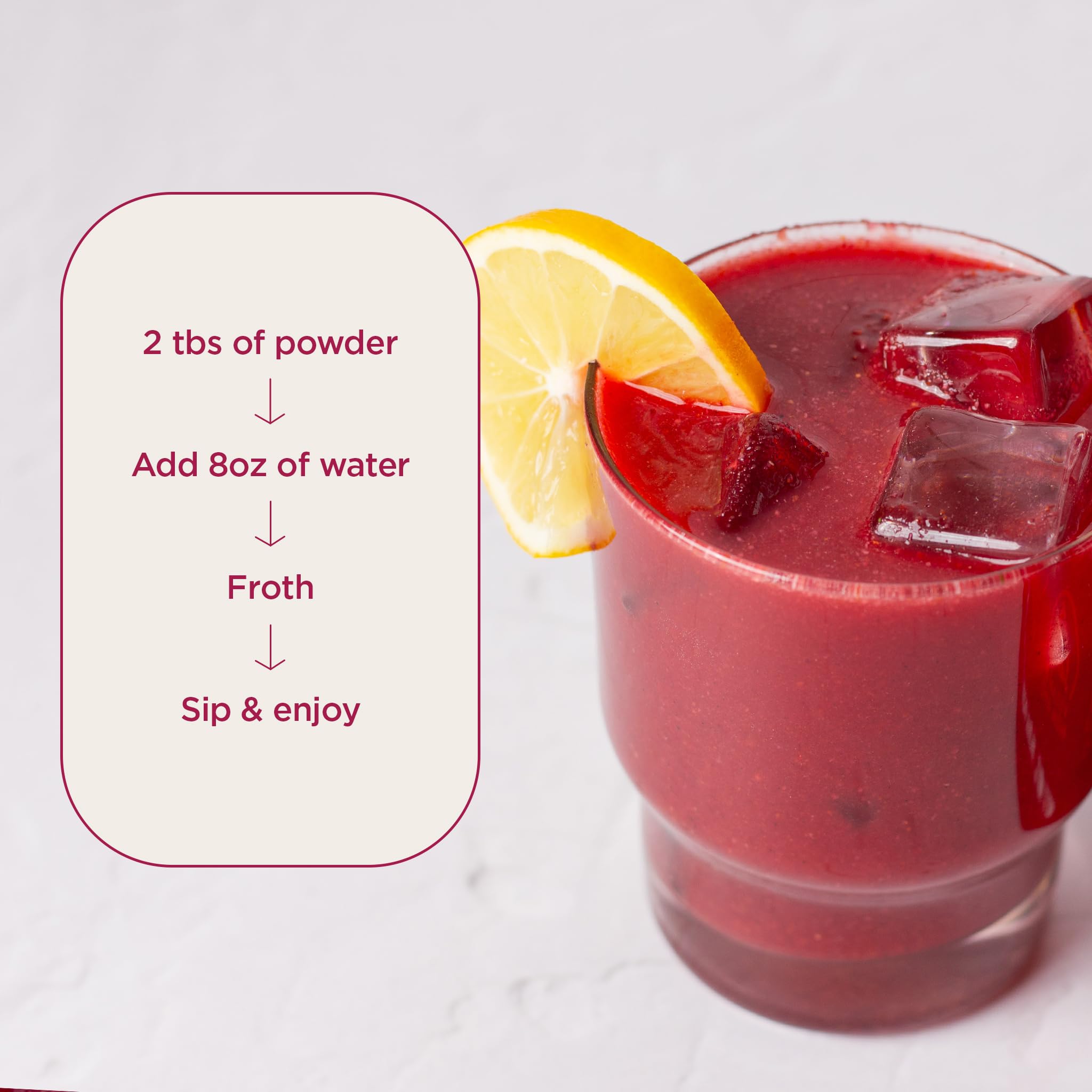 Close-up of Daily Reds powder with strawberries, blueberries and carrots