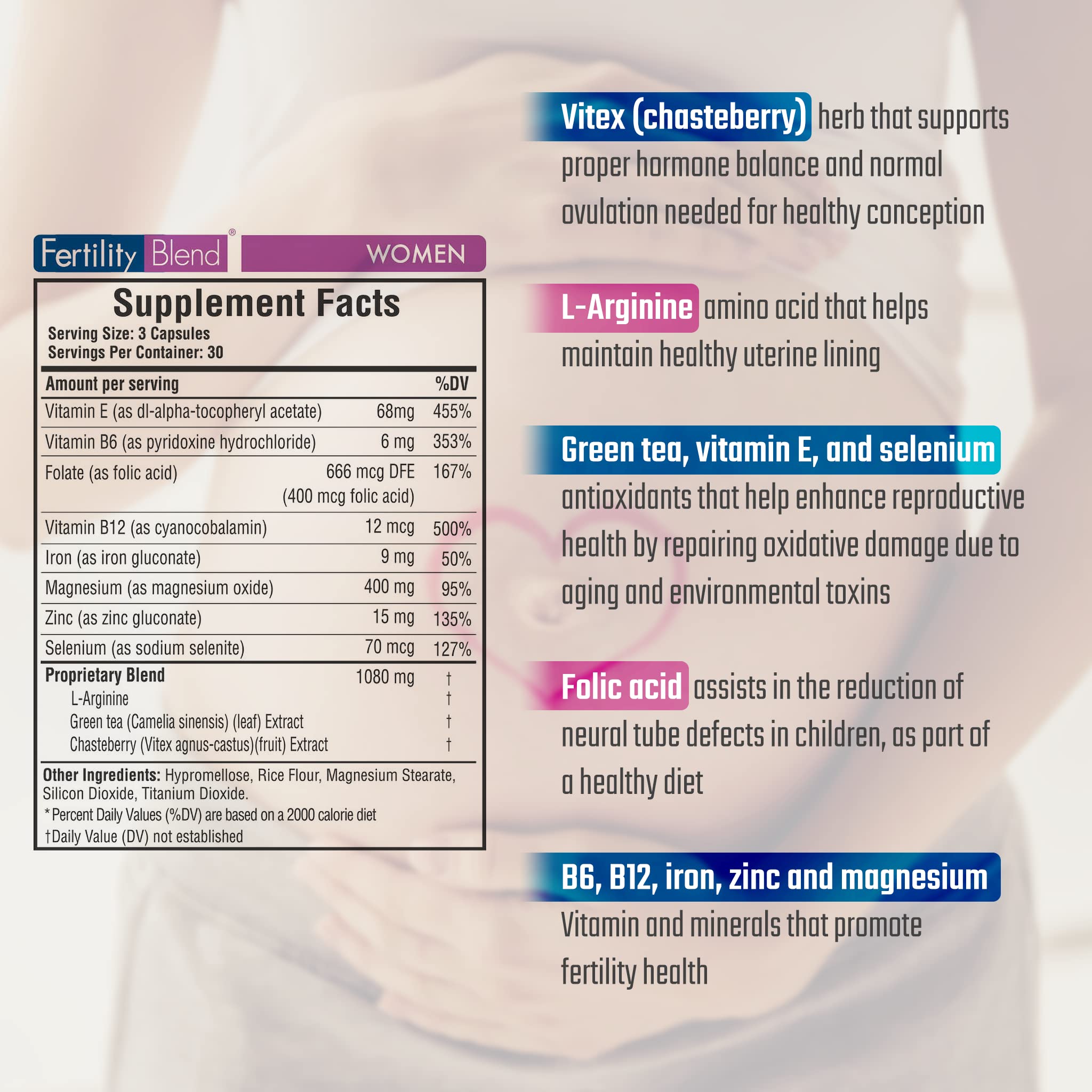 Close-up of fertility blend ingredients including herbs and vitamins