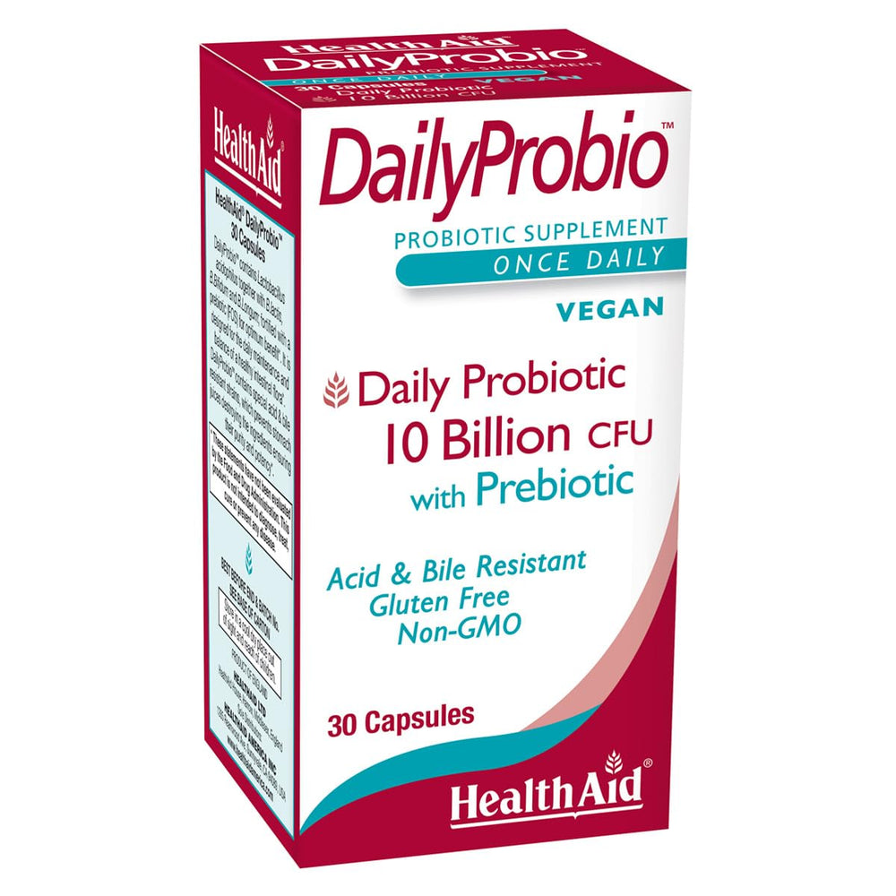 HealthAid DailyProbio bottle displaying 10 Billion CFU vegan probiotic with 10 strains