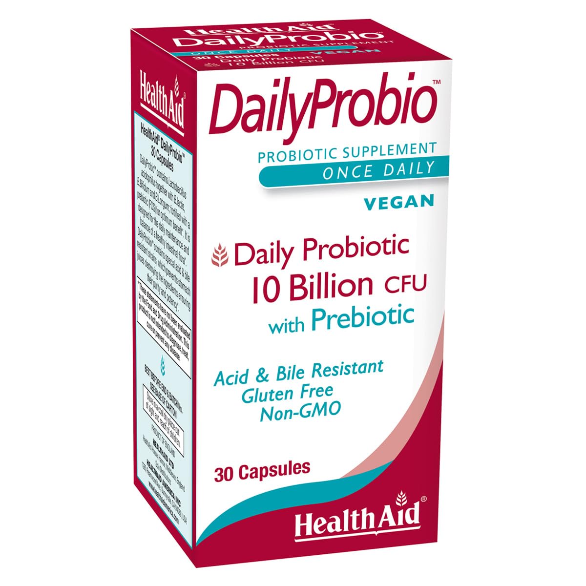 HealthAid DailyProbio bottle displaying 10 Billion CFU vegan probiotic with 10 strains