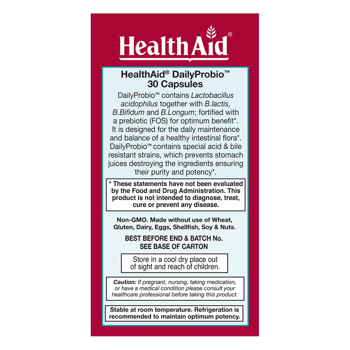 HealthAid DailyProbio packaging highlighting dairy-free gluten-free non-GMO formulation