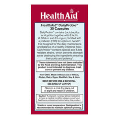 HealthAid DailyProbio packaging highlighting dairy-free gluten-free non-GMO formulation