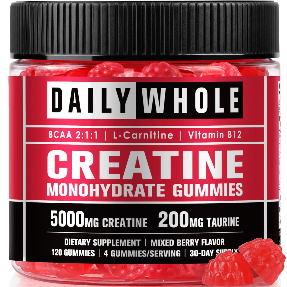 Bottle of DailyWhole Organics Chewable Creatine Monohydrate Gummies in Mixed Berry flavor