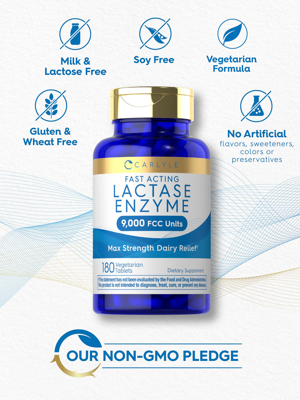 Dairy relief supplement showing 9000 FCC Lactase information