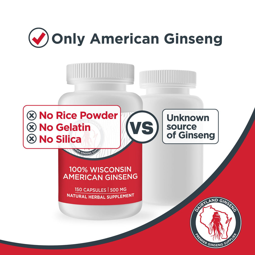 American ginseng capsules in bottle showing 500 mg strength