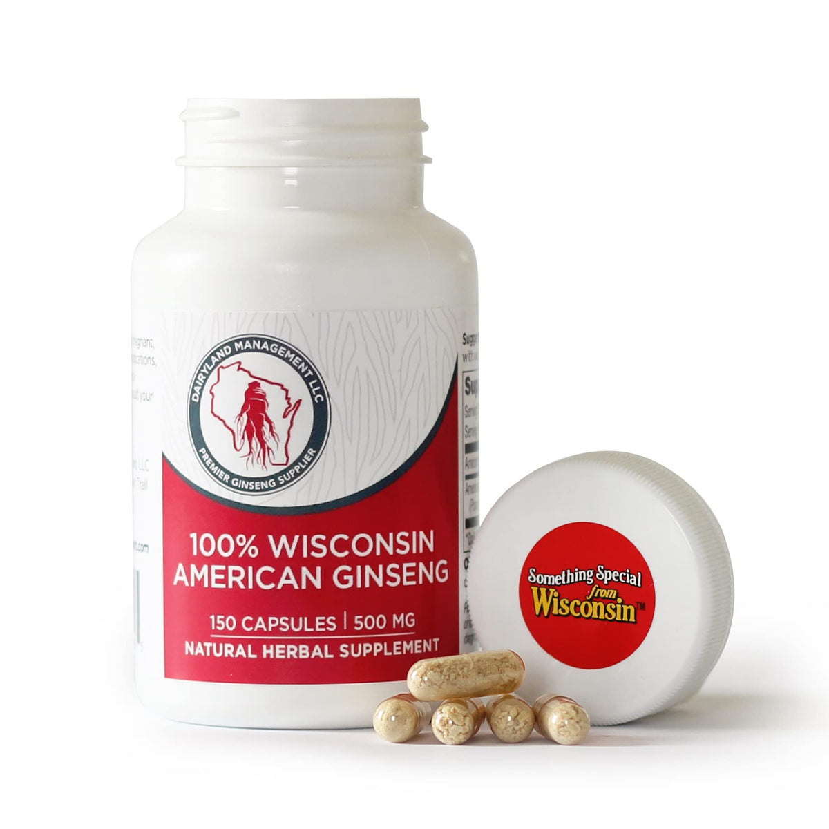 Bottle of Dairyland American Ginseng Capsules with label