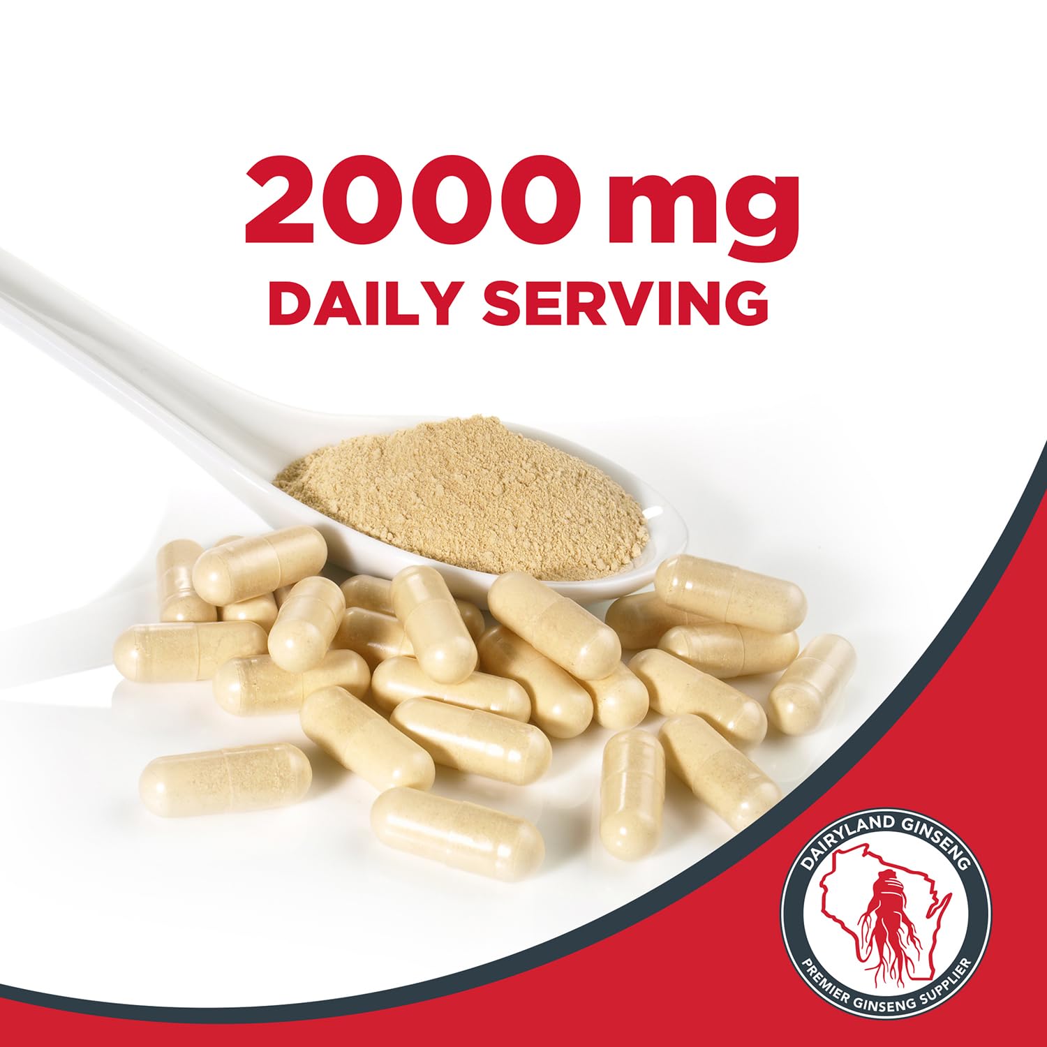 Close-up of Dairyland ginseng capsules label showing 2000 mg per serving