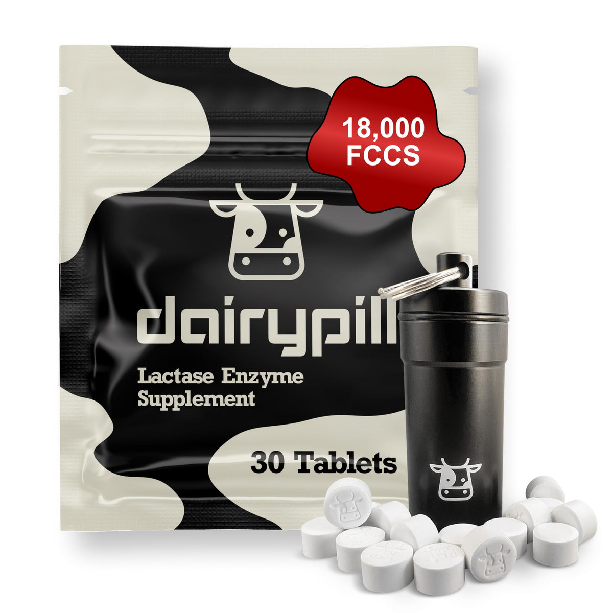 Front view of DairyPill lactase enzyme pill