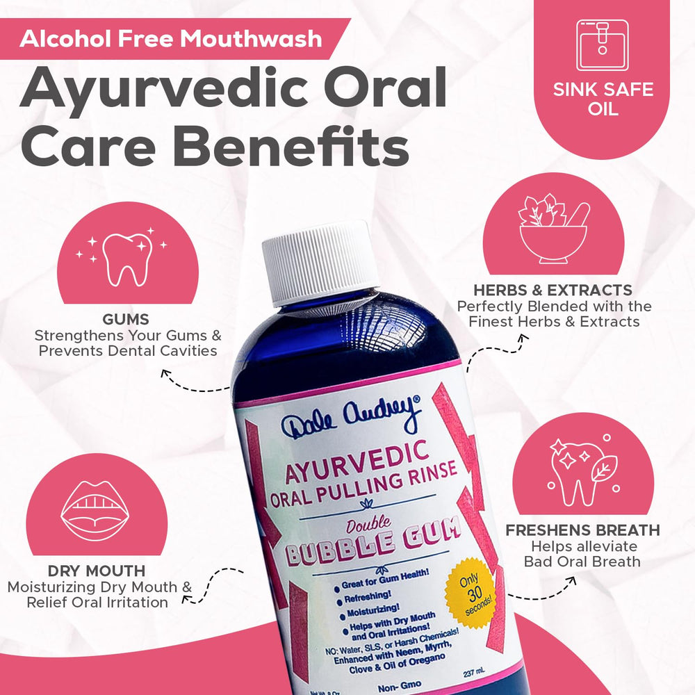 Close-up of oil pulling mouthwash with Ayurvedic ingredients