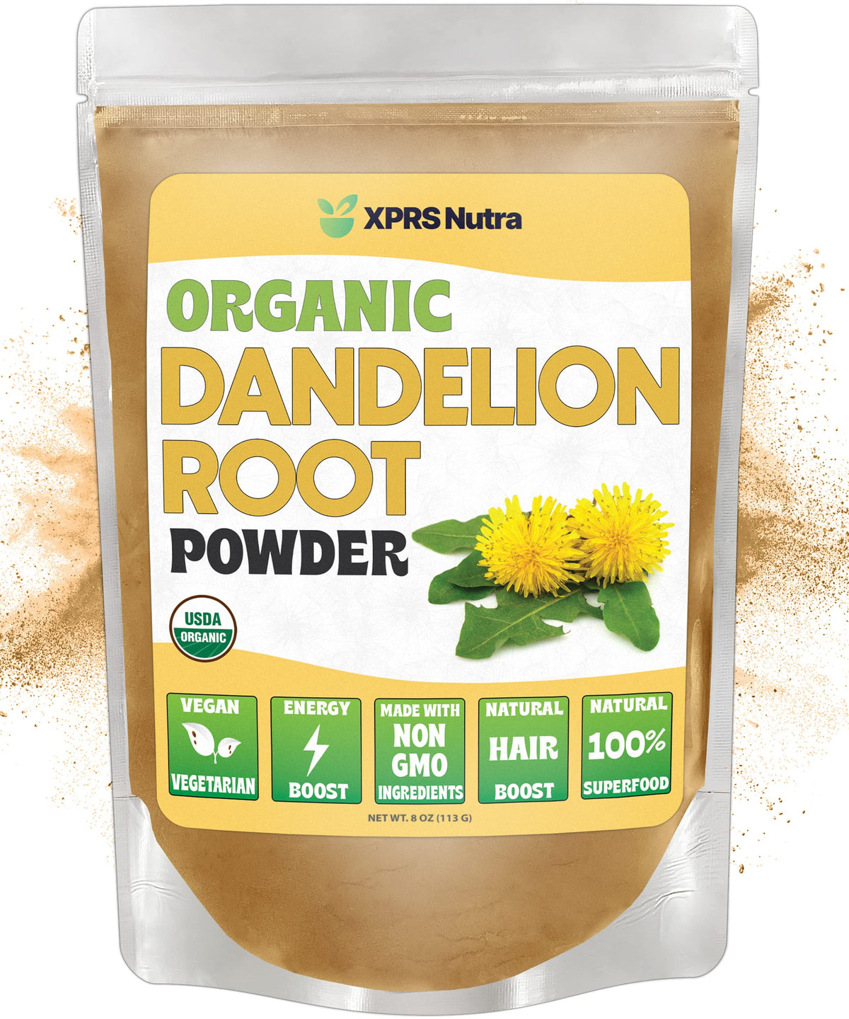 8 oz bottle of XPRS Nutra Organic Dandelion Root Powder