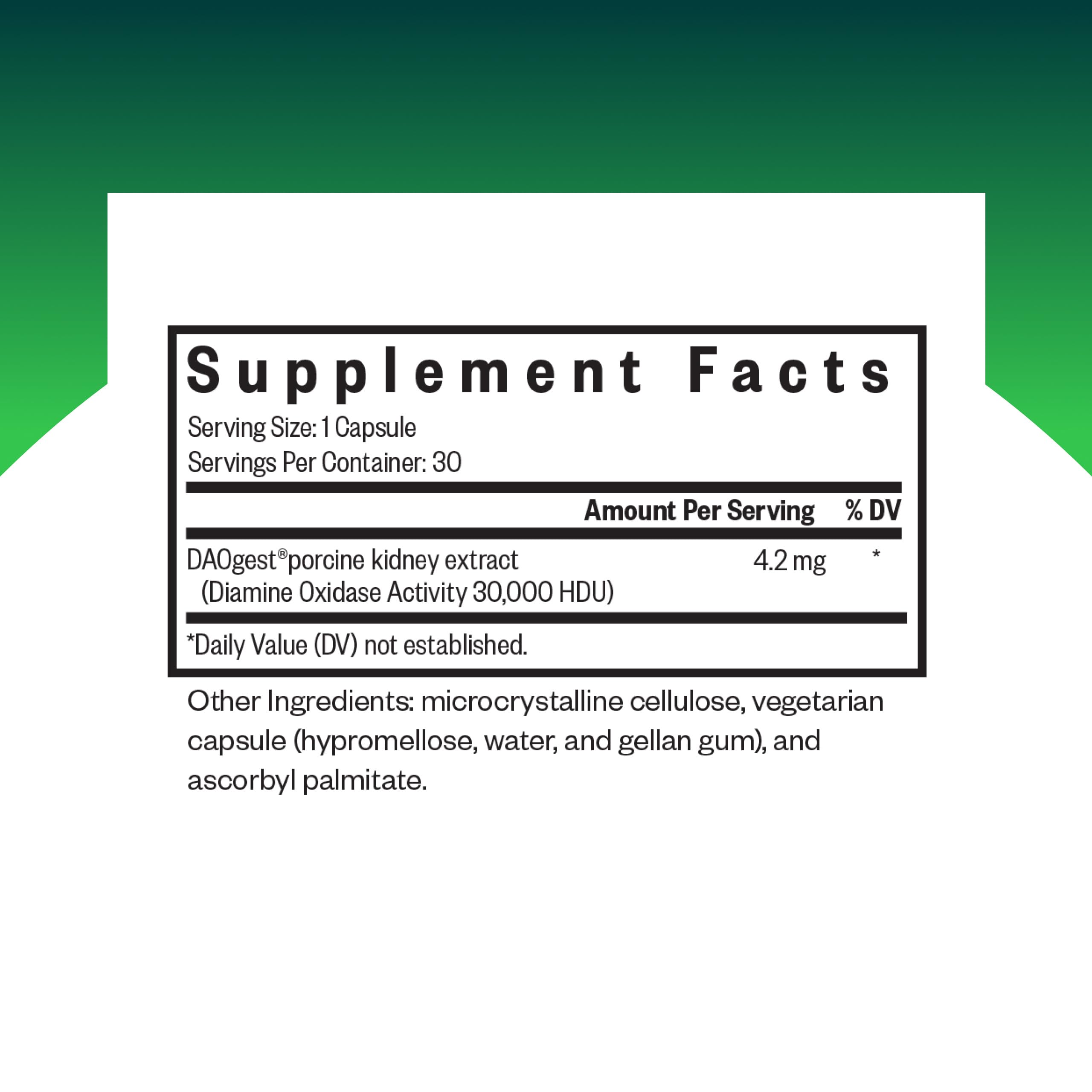 Close-up view of DAO Enzyme capsules