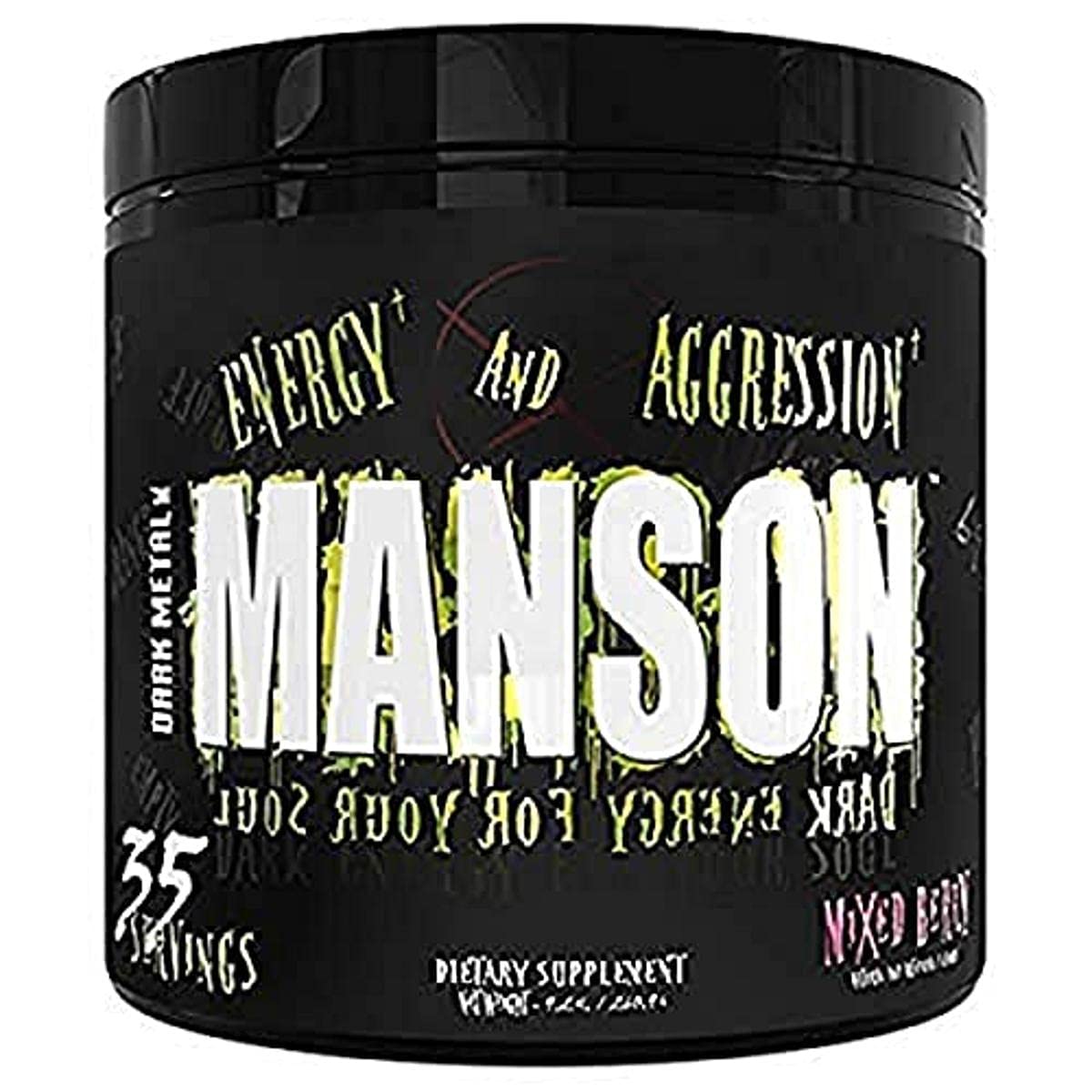 Dark Metal Manson front label highlights premium pre-workout formula for intense training.