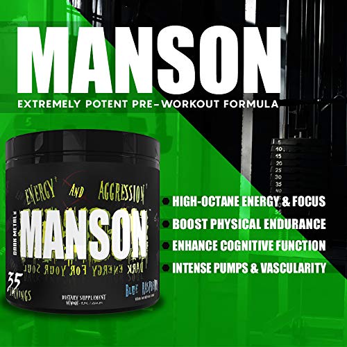 Dark Metal Manson label close-up highlighting Blue Raspberry flavor