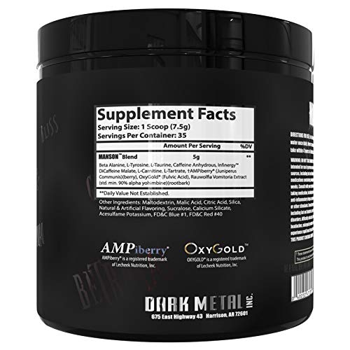 Dark Metal Manson scoop-powder ready for quick, precise pre-workout mixing.