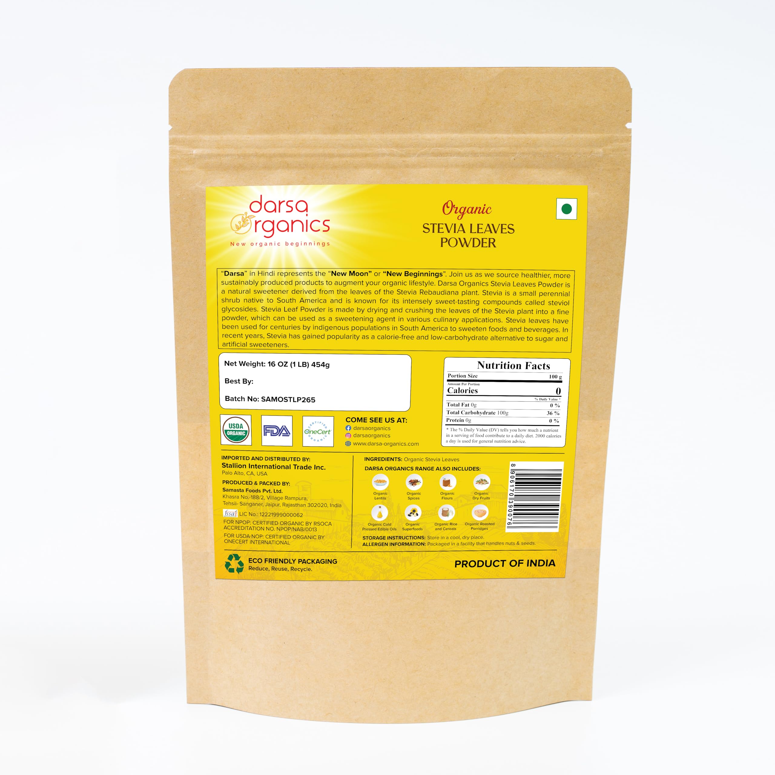 Darsa Organics Stevia Powder 16 oz bottle back label