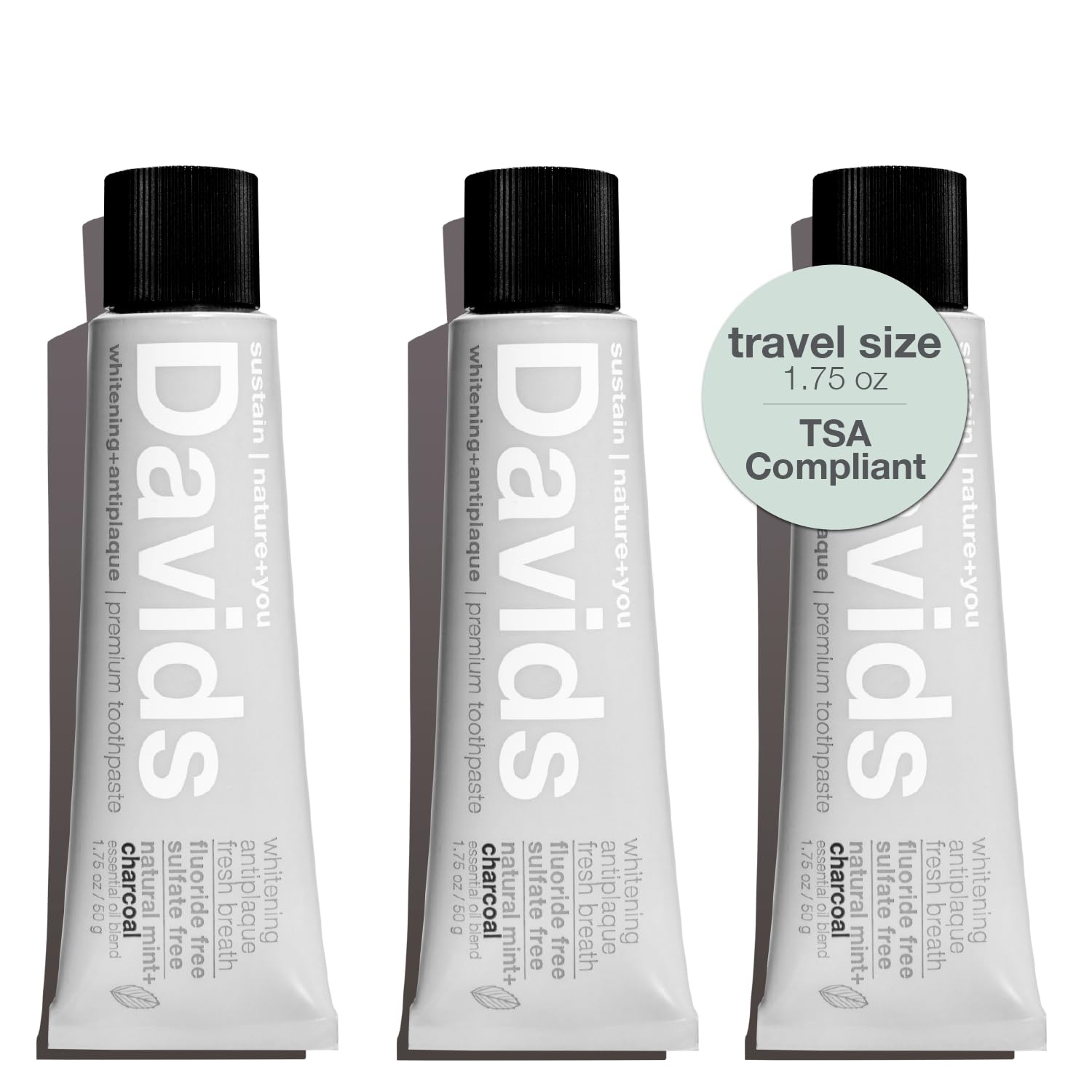 Front view of Davids Charcoal Travel Toothpaste 3-pack