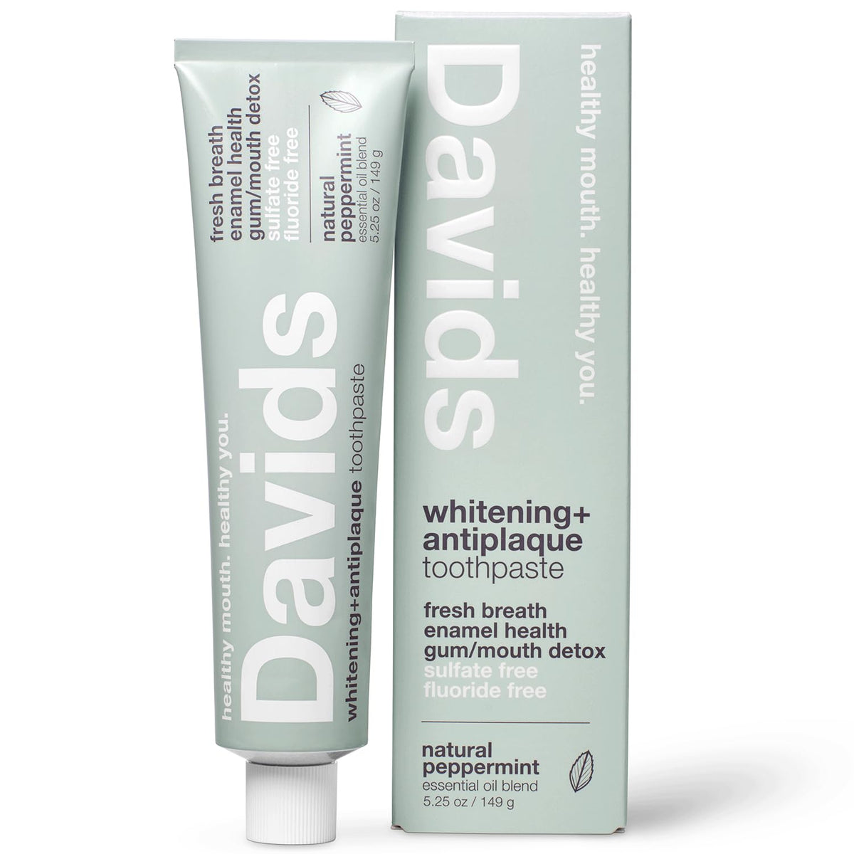 Front view of Davids fluoride-free peppermint toothpaste tube, 5.25oz