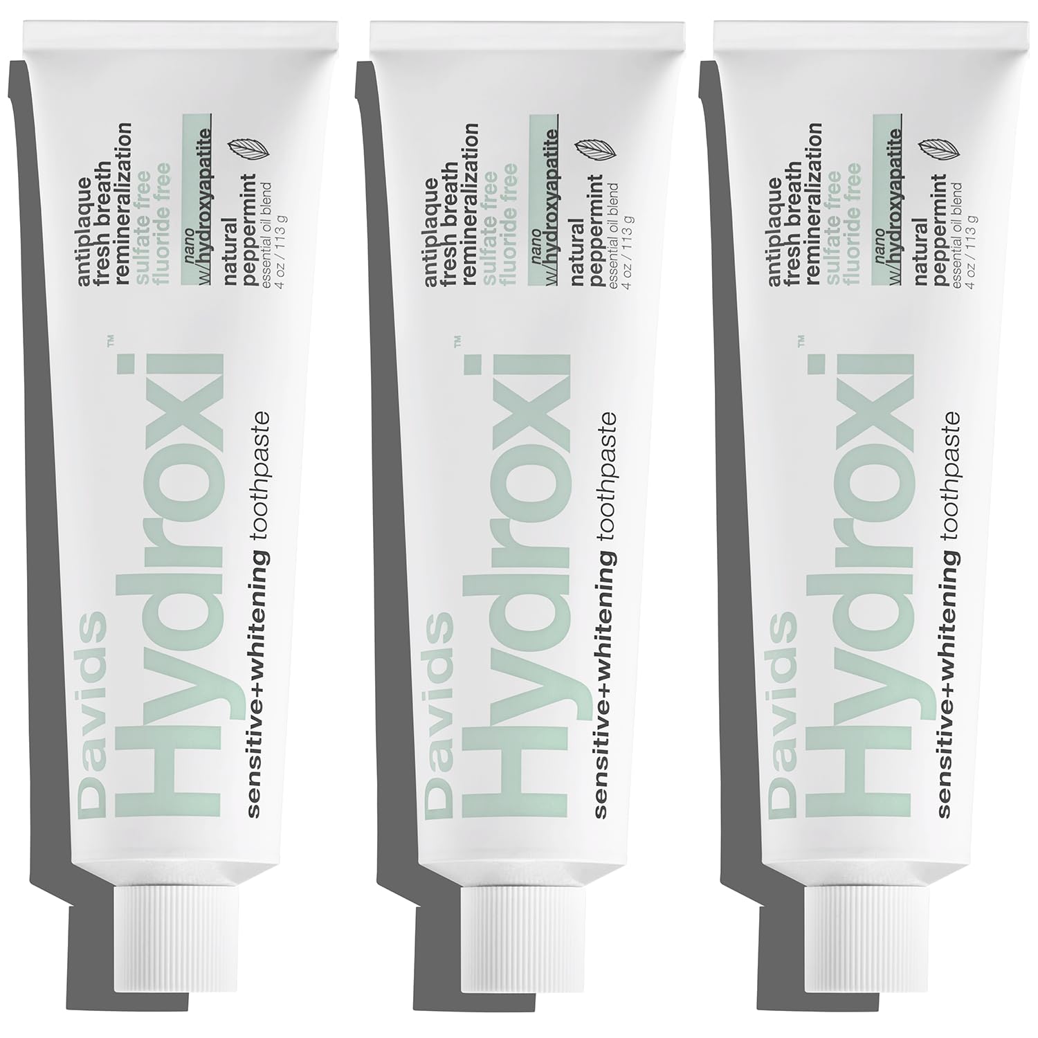 Davids Hydroxi Nano Hydroxyapatite toothpaste tubes in a 3-pack