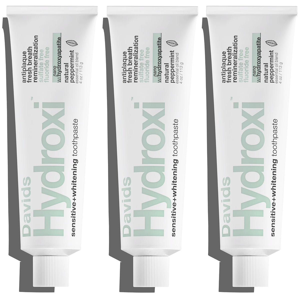 Davids Hydroxi Nano Hydroxyapatite toothpaste tubes in a 3-pack