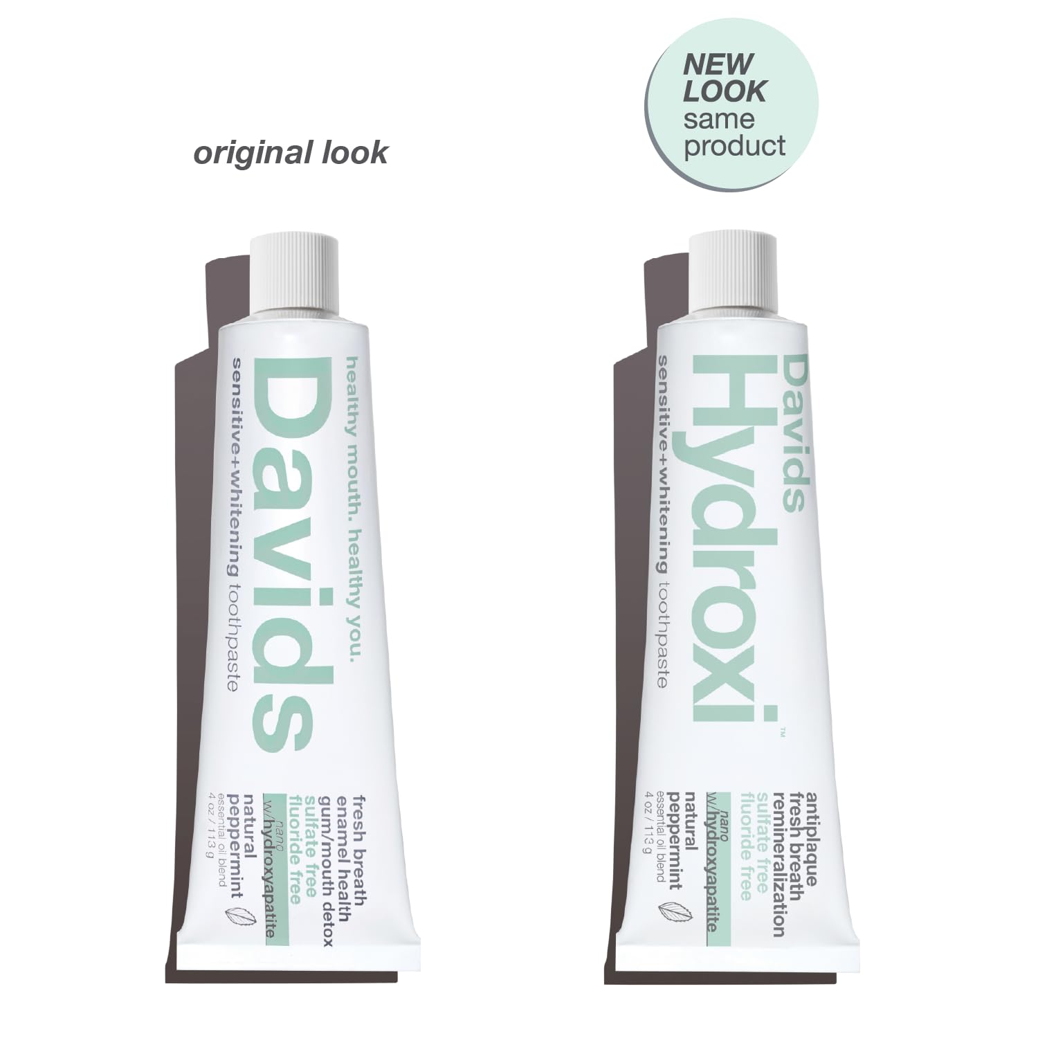 Close-up of Davids Hydroxi fluoride-free toothpaste bottle